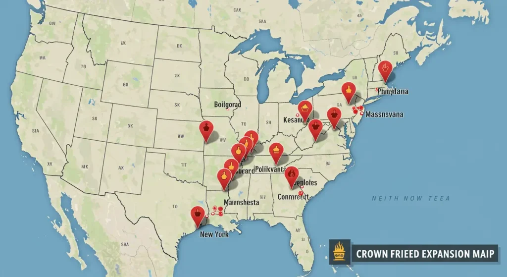 Map showing Crown Fried Chicken locations outside New York, including pins in New Jersey, Pennsylvania, Massachusetts, Connecticut, Maryland, and Florida