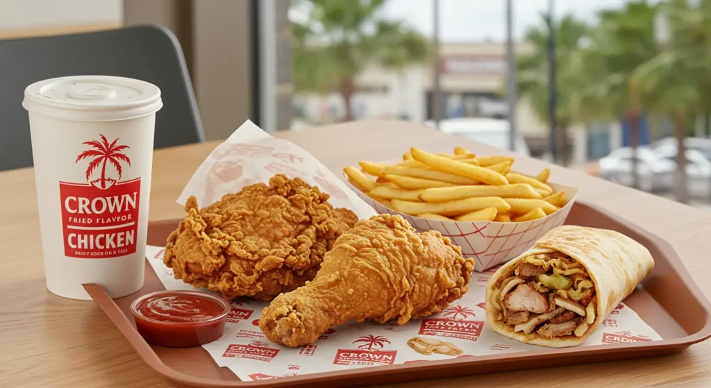 Close-up of Crown Fried Chicken tray with crispy chicken, fries, and gyro wrap in Florida location with NY-style flavor branding and palm trees in background