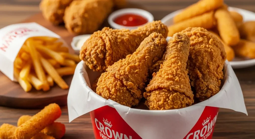 Close-up of Crown Fried Chicken’s crispy fried chicken pieces with golden fries and mozzarella sticks arranged on a wooden table, showcasing fresh, flavorful comfort food.