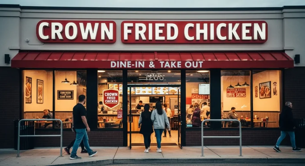 Front exterior of Crown Fried Chicken in Glassboro NJ showing the restaurant’s sign and entrance with customers walking up, emphasizing a bright, warm, and casual neighborhood dining spot without a drive-thru.