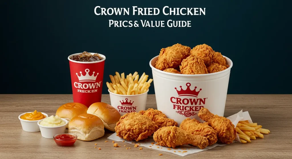 Bucket of crispy fried chicken with mashed potatoes, fries, and a drink, Crown Fried Chicken Prices & Value Guide