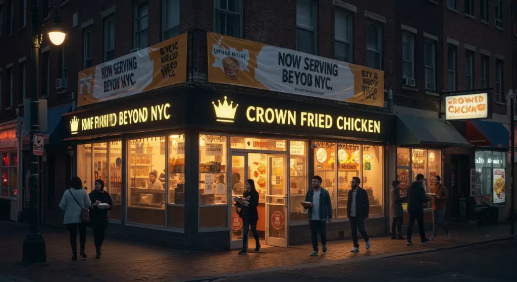 A vibrant Philadelphia street showing a Crown Fried Chicken storefront with a “Now Serving Beyond NYC” banner, diverse customers carrying takeout, evening city vibes.
